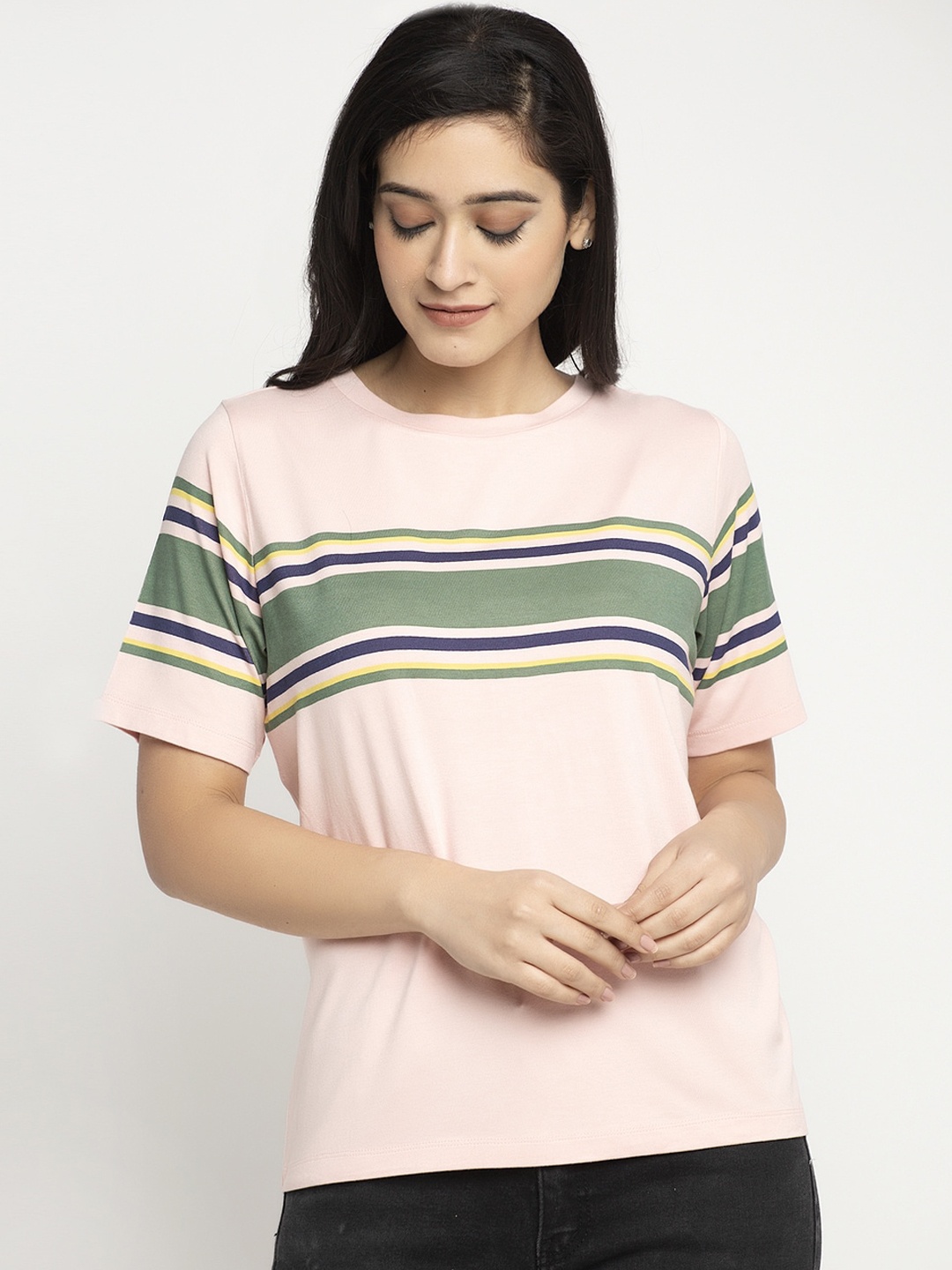 

DOOR74 Women Pink Striped Round Neck Cotton T-shirt