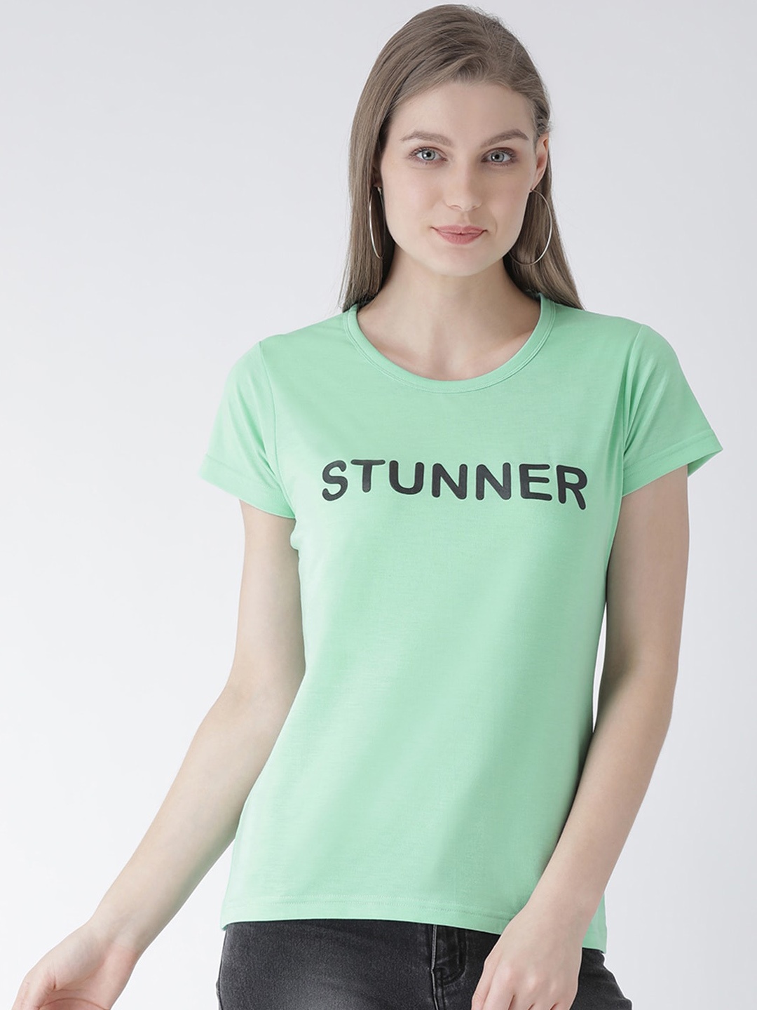 

GRIFFEL Women Green Solid Round Neck T-shirt