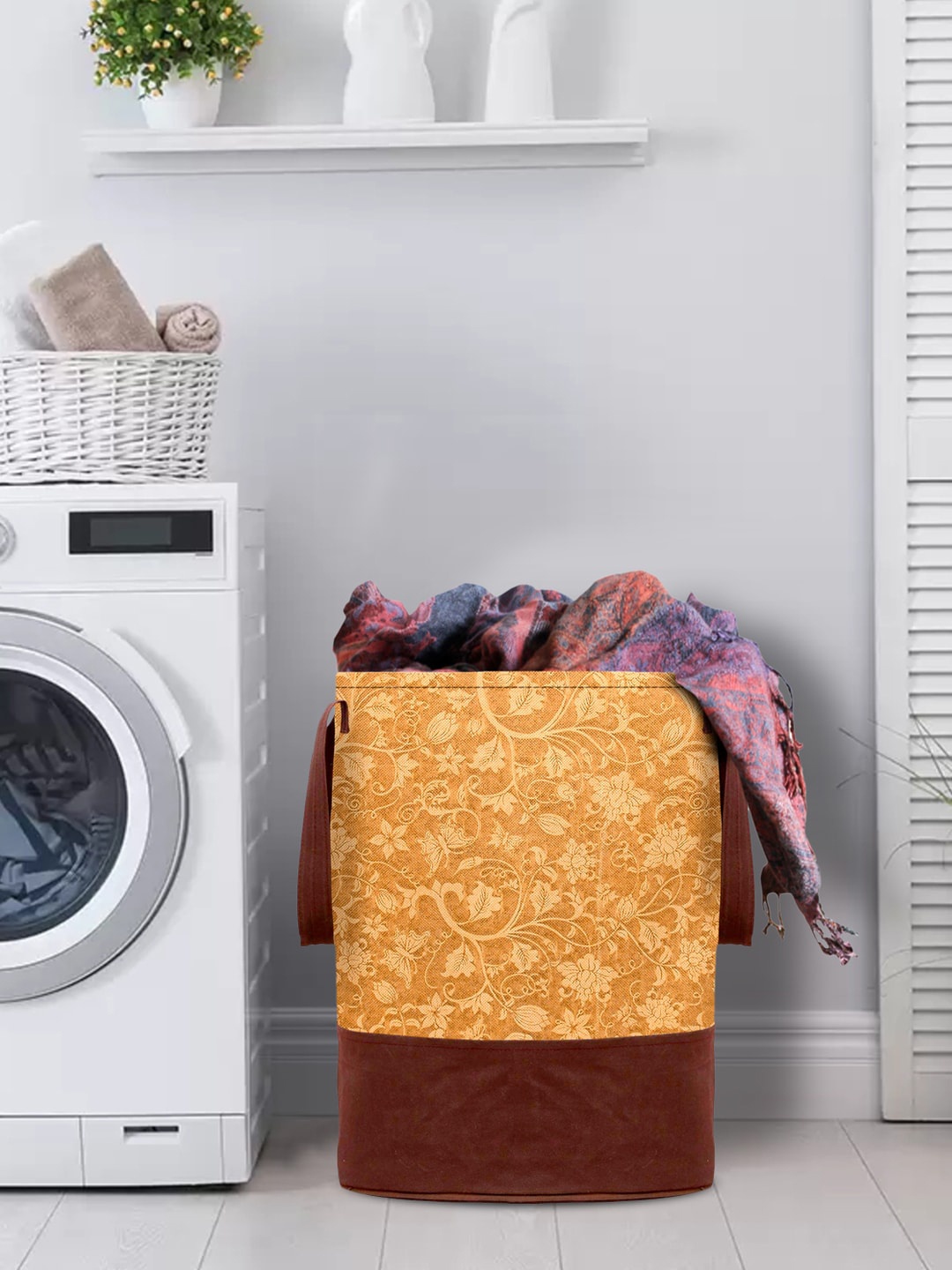 

Kuber Industries Beige & Maroon Printed Round Foldable Laundry Basket With Handles 45 L
