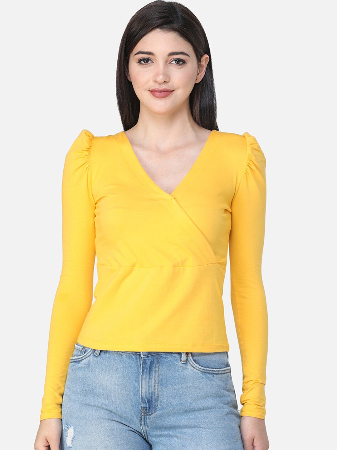 

SCORPIUS Women Yellow Solid Wrap Top