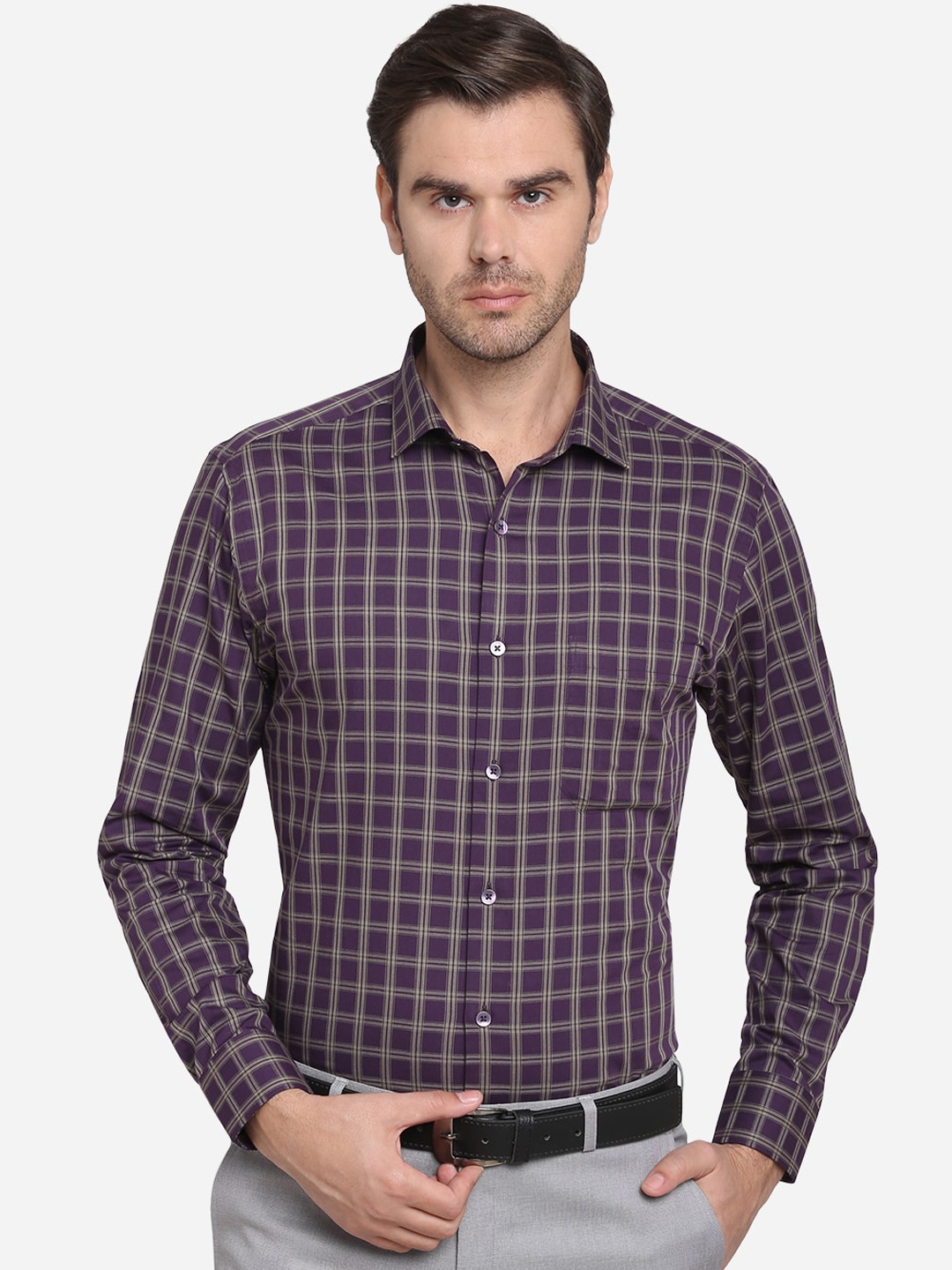 

METAL Men Blue & Grey Slim Fit Checked Cotton Formal Shirt