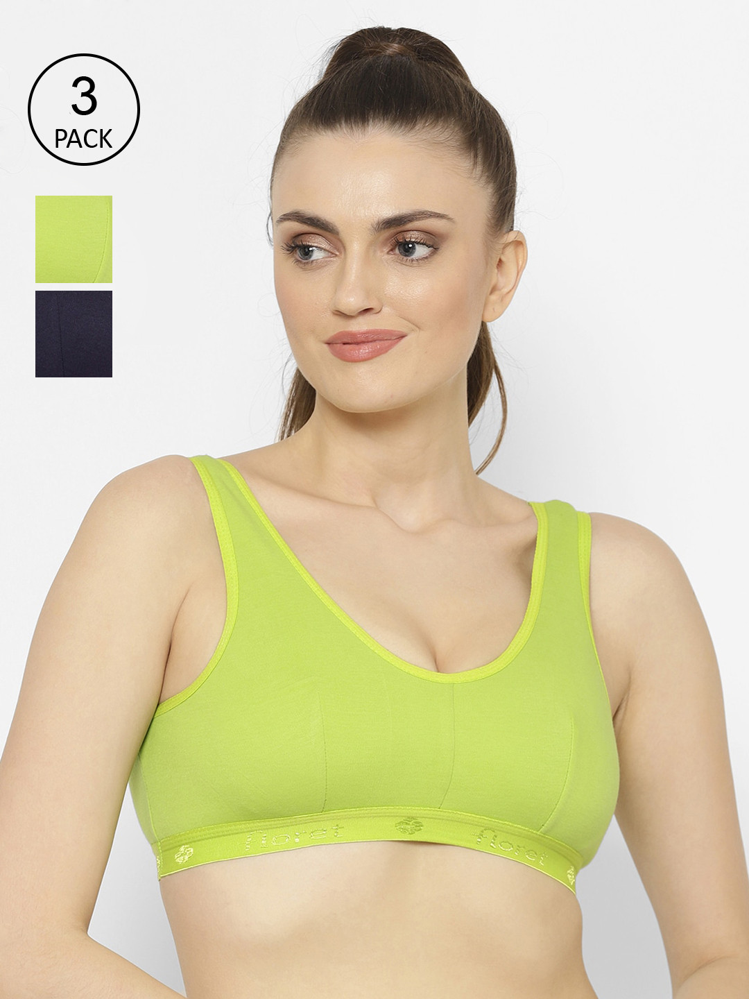 

Floret Pack Of 3 Blue Solid Non-Wired Non Padded Workout Bra, Lime green