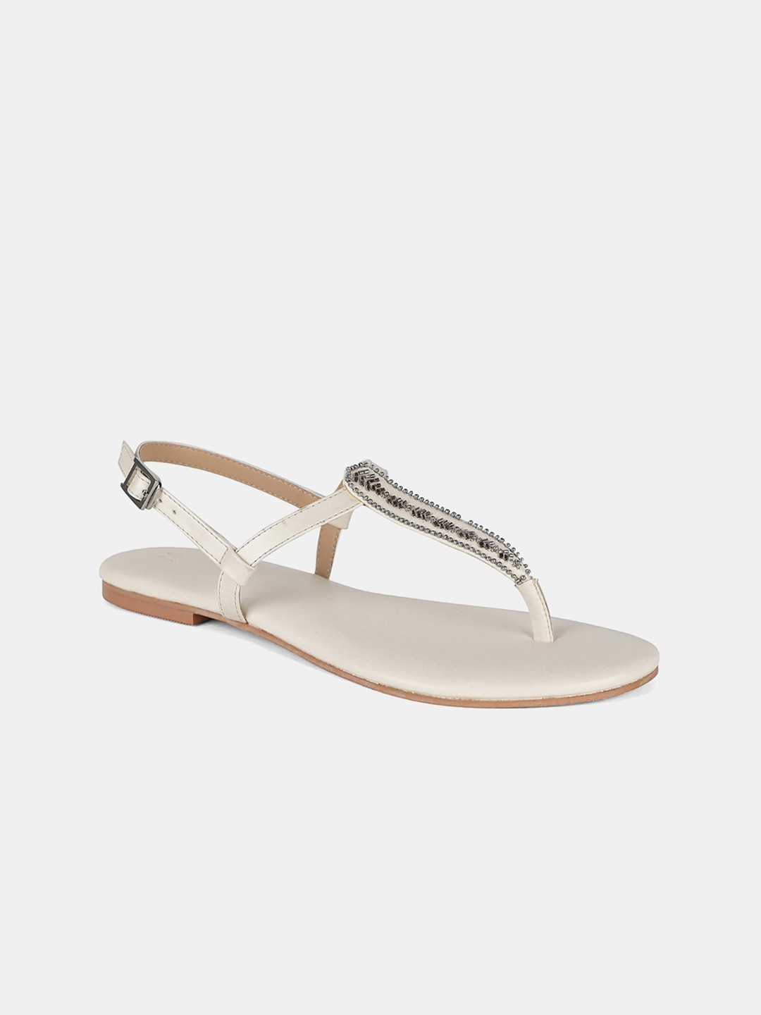 

W The Folksong Collection Women Off-White Embellished PU T-Strap Flats