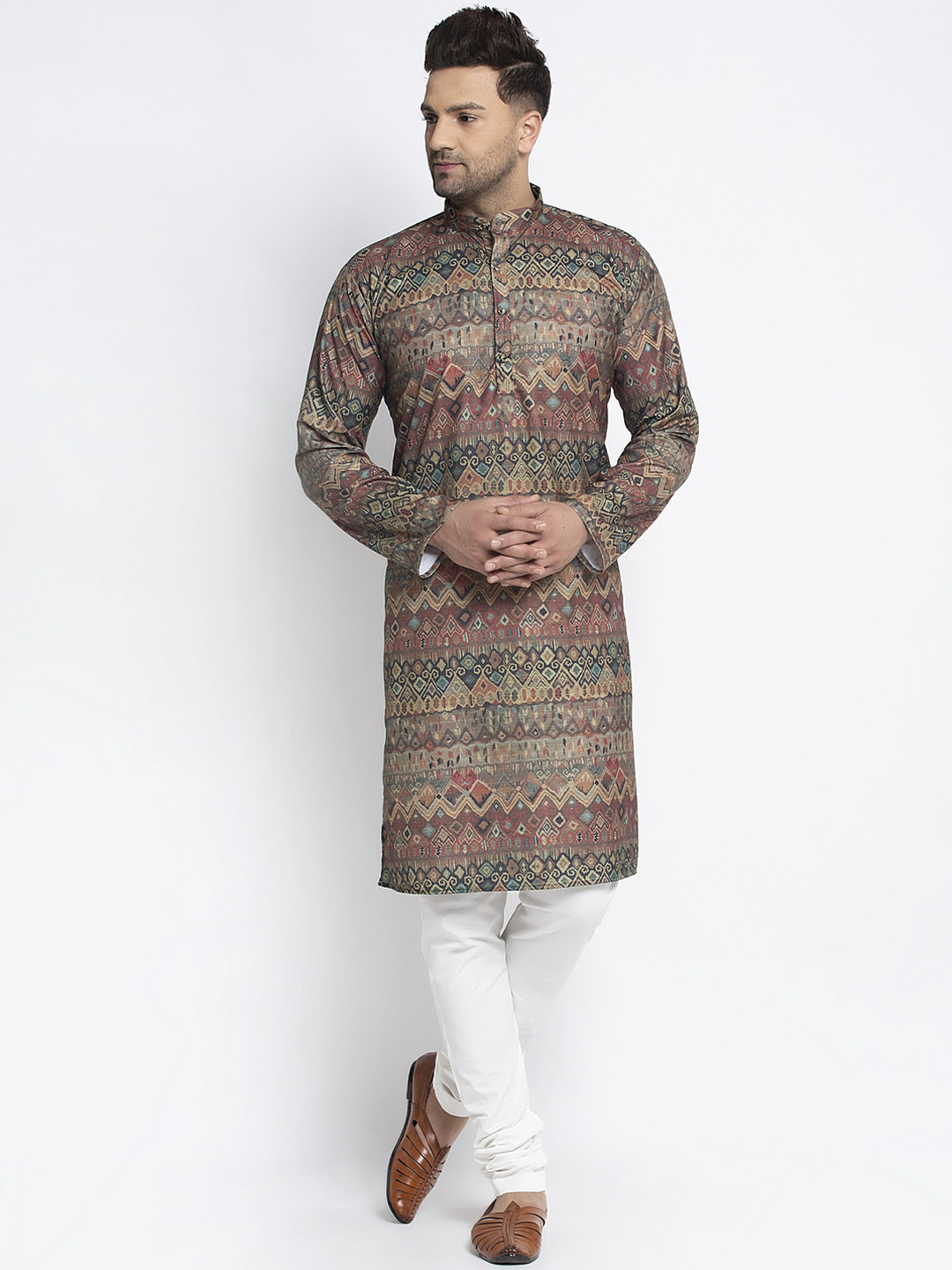 

Benstoke Men Multicoloured & White Printed Kurta with Churidar, Multi