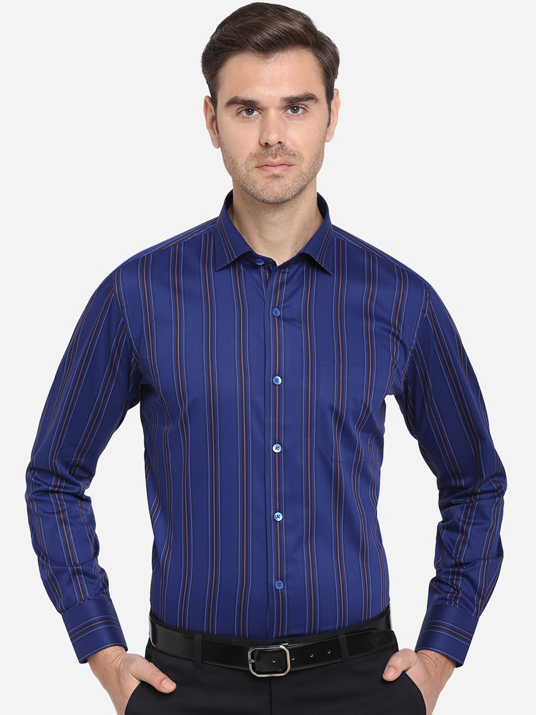 

METAL Men Navy Blue Striped Formal Shirt