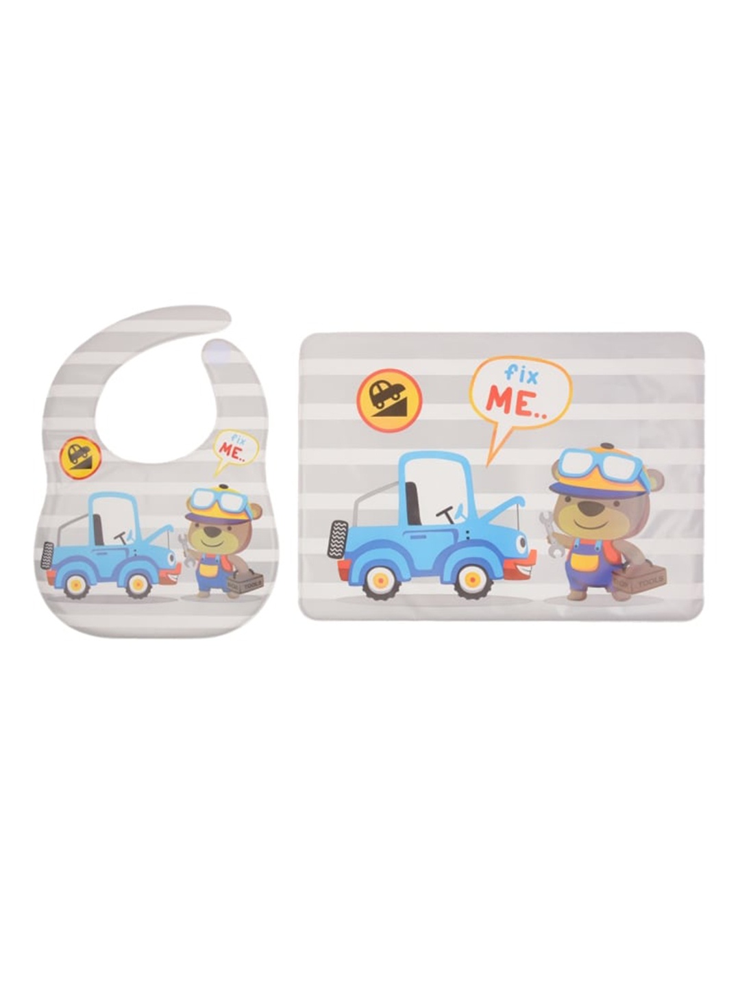 

Yellow Bee Boys Grey & Blue Car & Bear Printed Feeding Bib With Mat