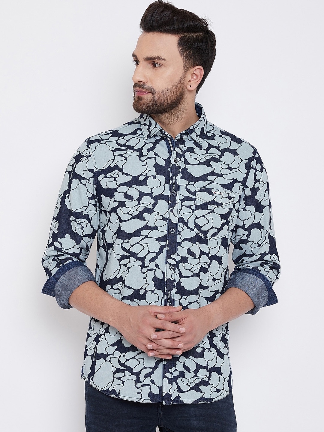 

American Archer Men Blue Slim Fit Printed Casual Denim Shirt
