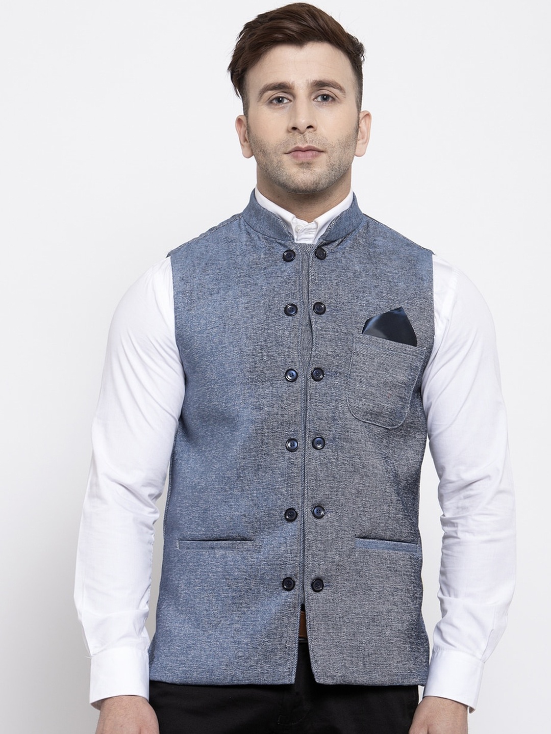 

KLOTTHE Men Blue Woven Design Nehru Jacket