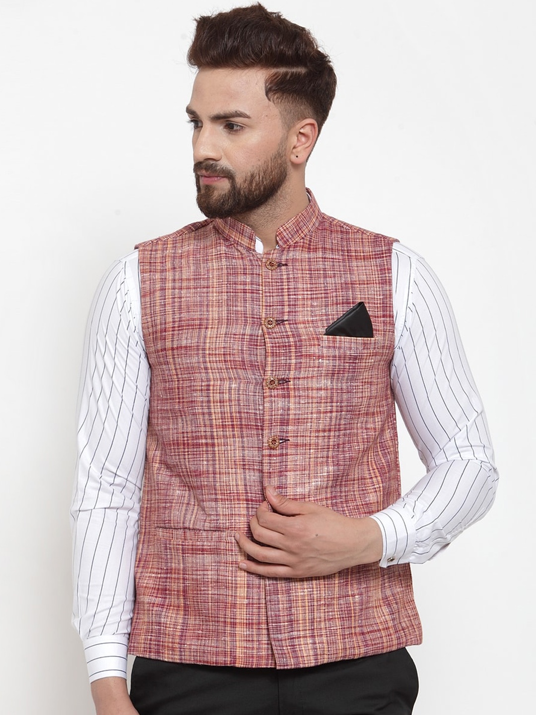 

KLOTTHE Men Pink & Beige Woven Design Nehru Jacket