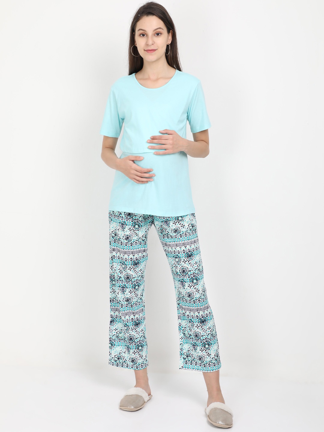 

The Mom Store Women Turquoise Blue & Black Maternity Floral-Print Night Suit