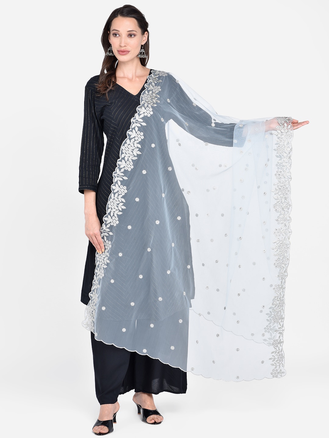 

Dupatta Bazaar Silver-Toned & White Embroidered Dupatta