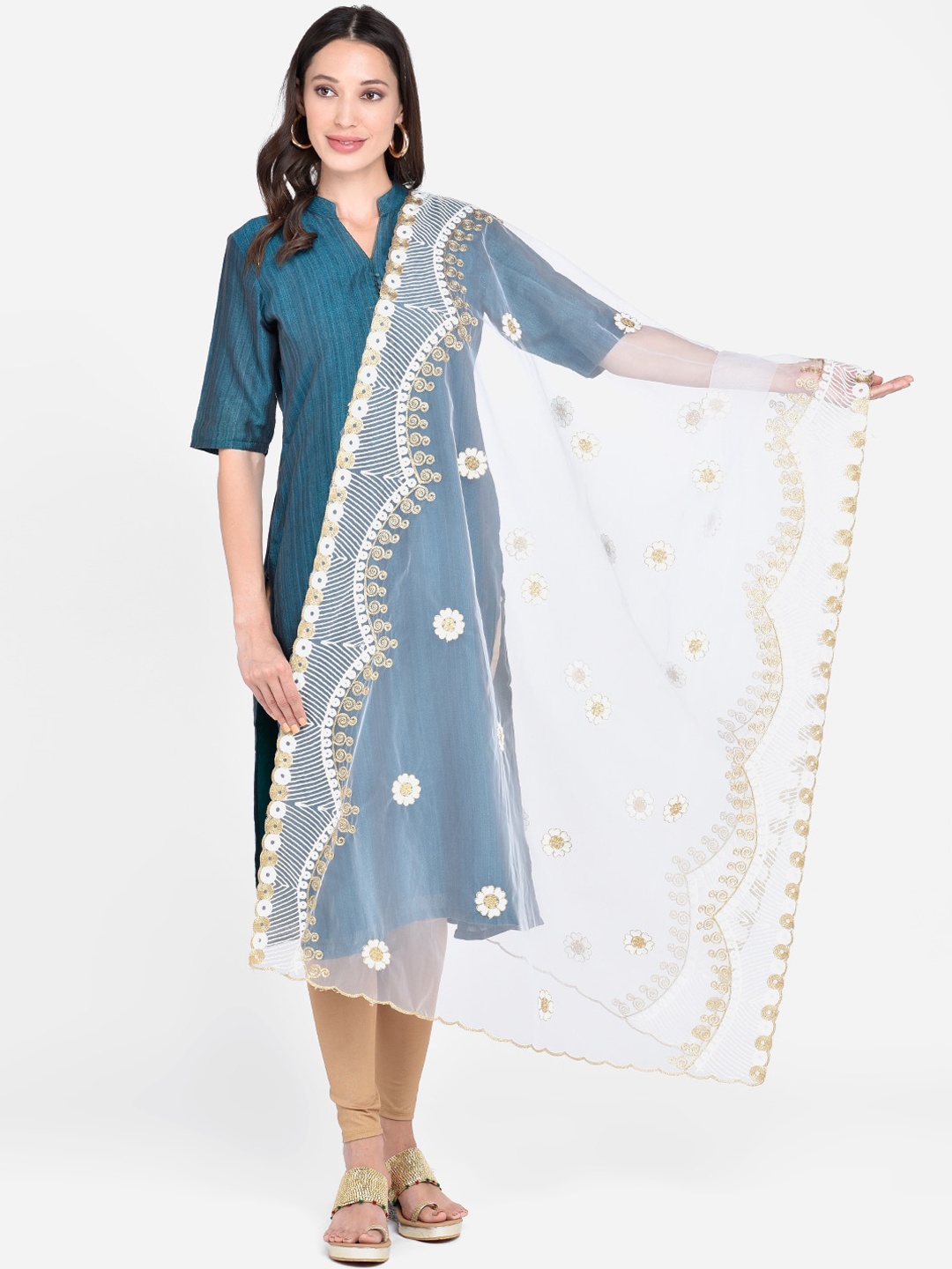 

Dupatta Bazaar White & Gold-Toned Embroidered Dupatta