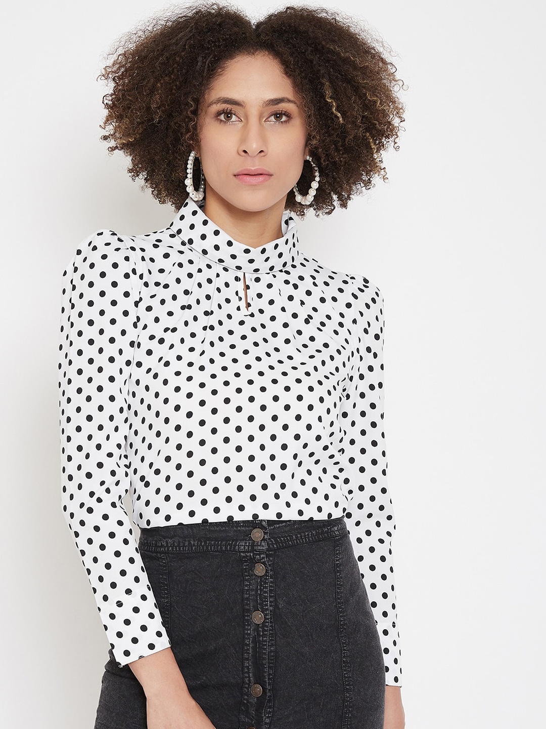 

La Zoire Women White & Black Polka Dots Printed Top