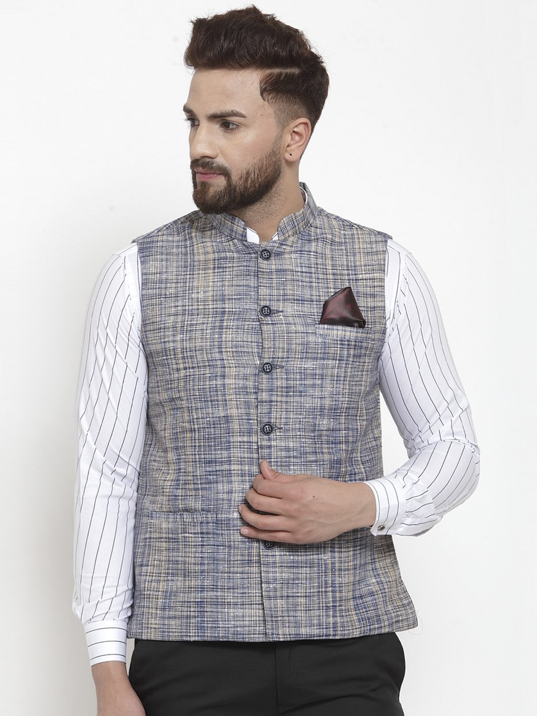 

KLOTTHE Men Blue & Beige Woven Design Woven Nehru Jacket