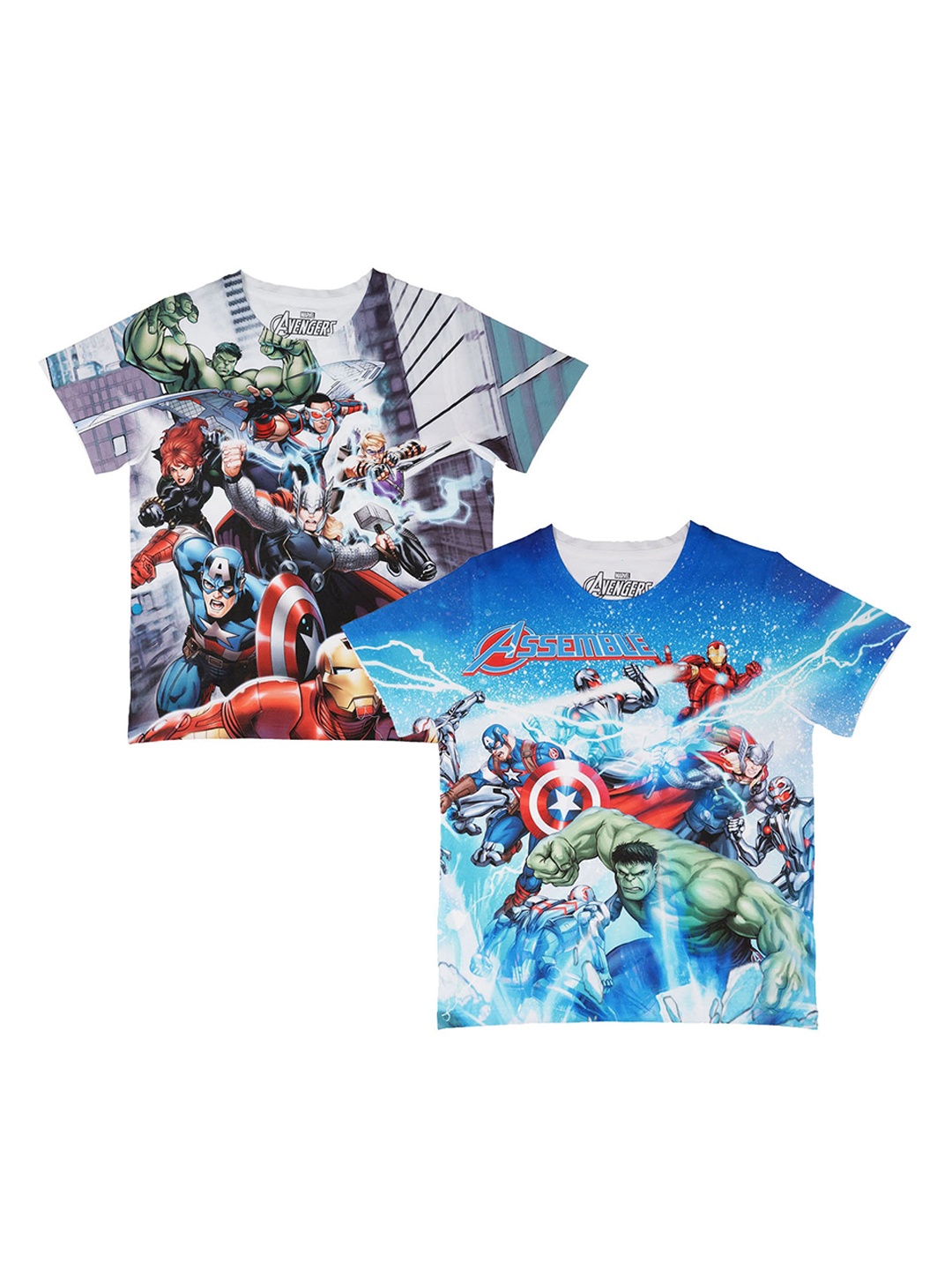 Marvel by Wear Your Mind Boys Pack Of 2 White & Blue Printed Round Neck T-shirts
