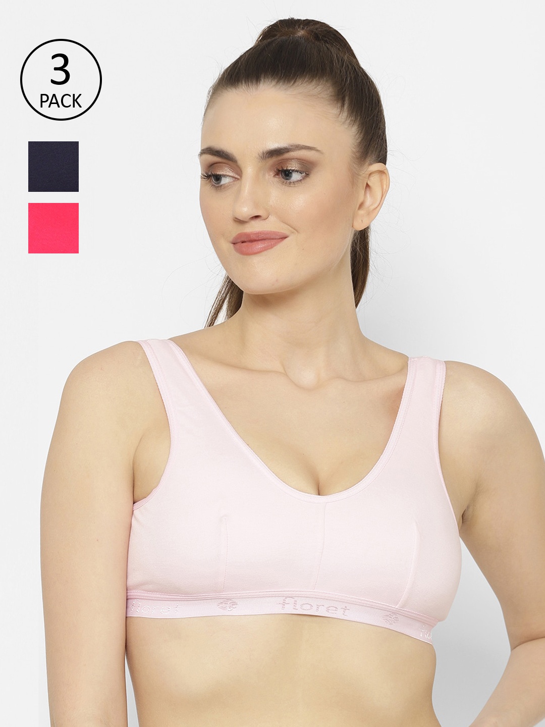 Floret Pack Of 3 Solid Non-Wired Non Padded Workout Bras Florida, Magenta
