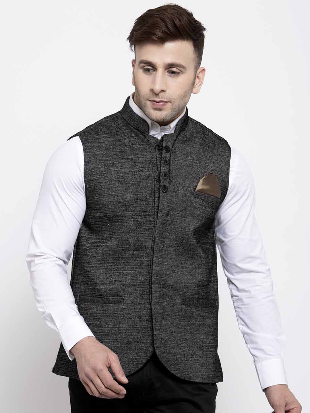 

KLOTTHE Men Black Woven Design Nehru Jacket