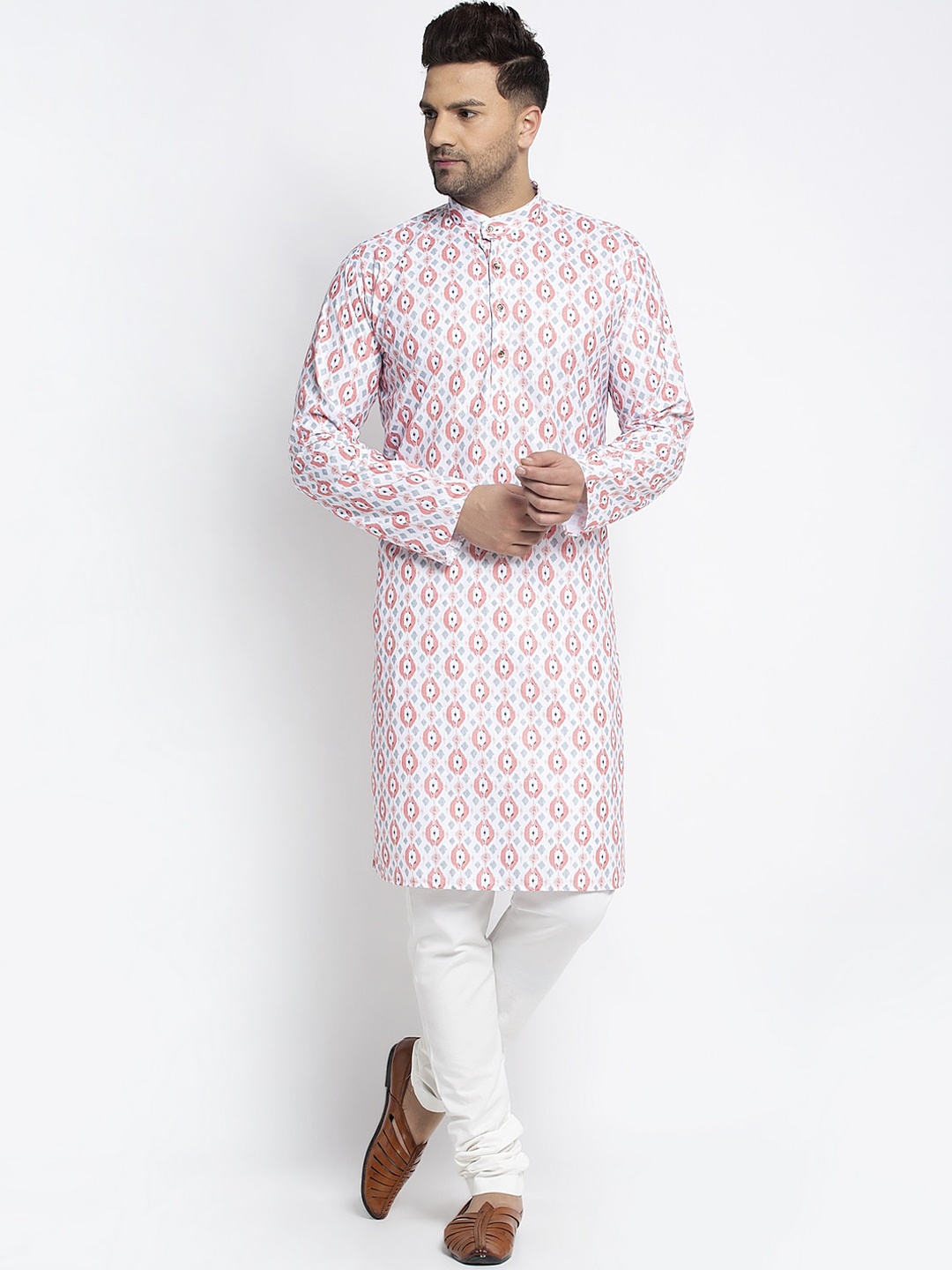 

Benstoke Men White Printed Kurta with Churidar