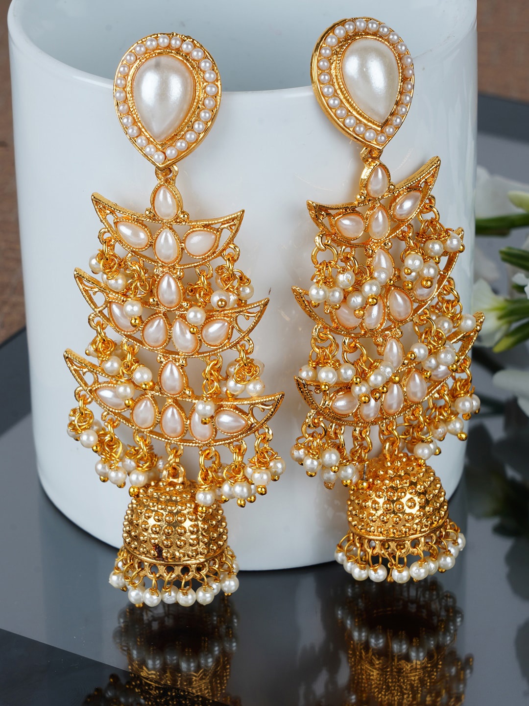 

Shining Diva White & Gold-Toned Dome Shaped Jhumkas