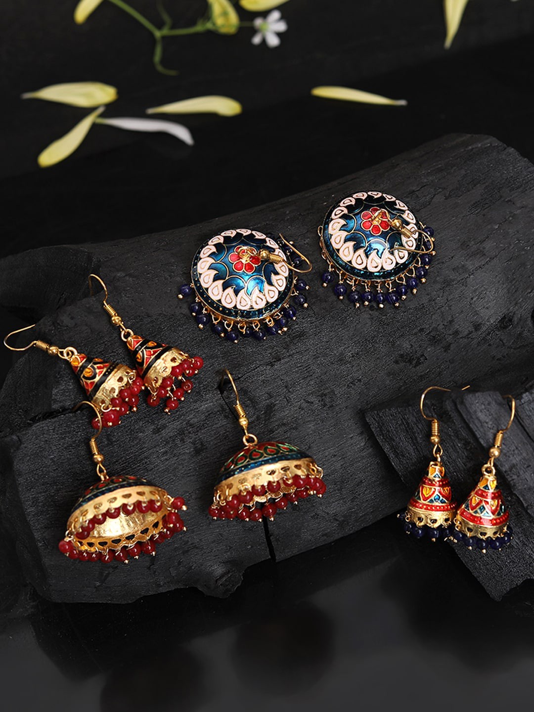 

Yellow Chimes 5 Pair Gold-Plated Handcrafted Meenakari Dome Shaped Drop Earrings, Multi