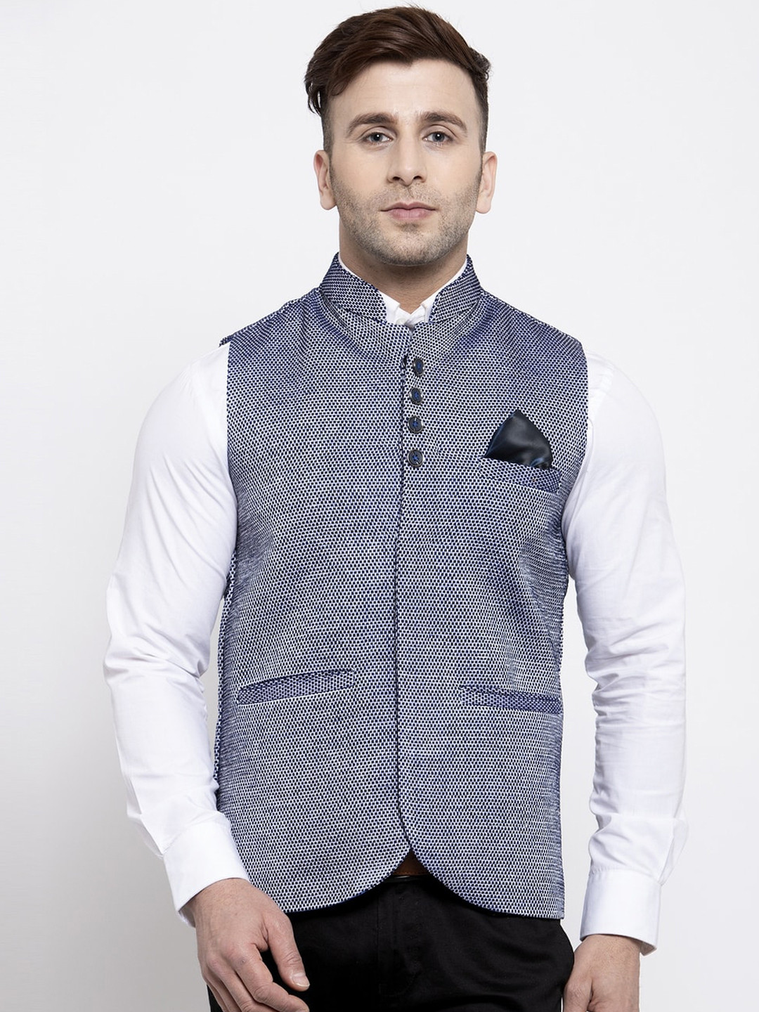 

KLOTTHE Men Blue & White Woven Design Nehru Jacket