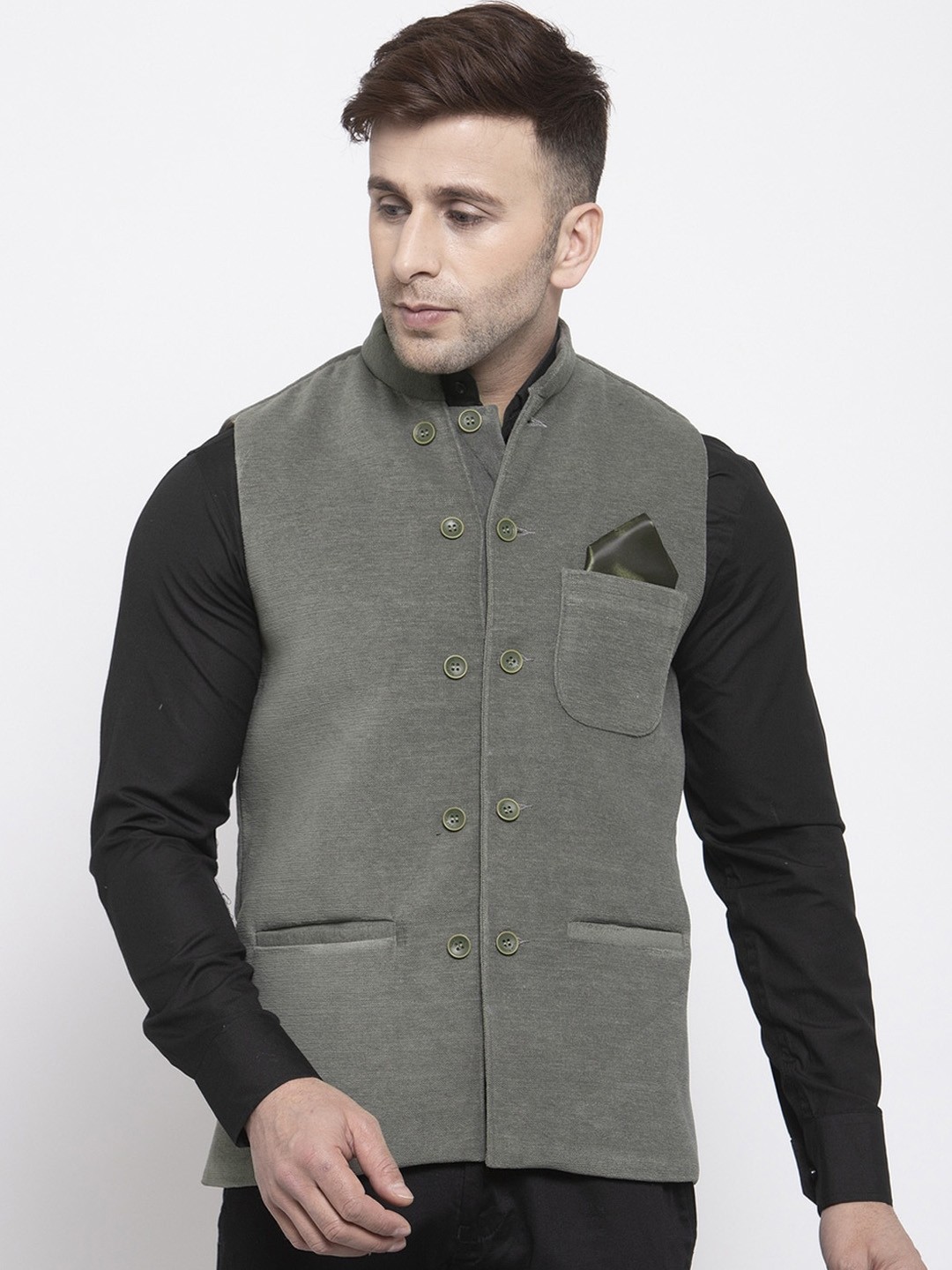 

KLOTTHE Men Grey Woven-Design Double-Breasted Nehru Jacket