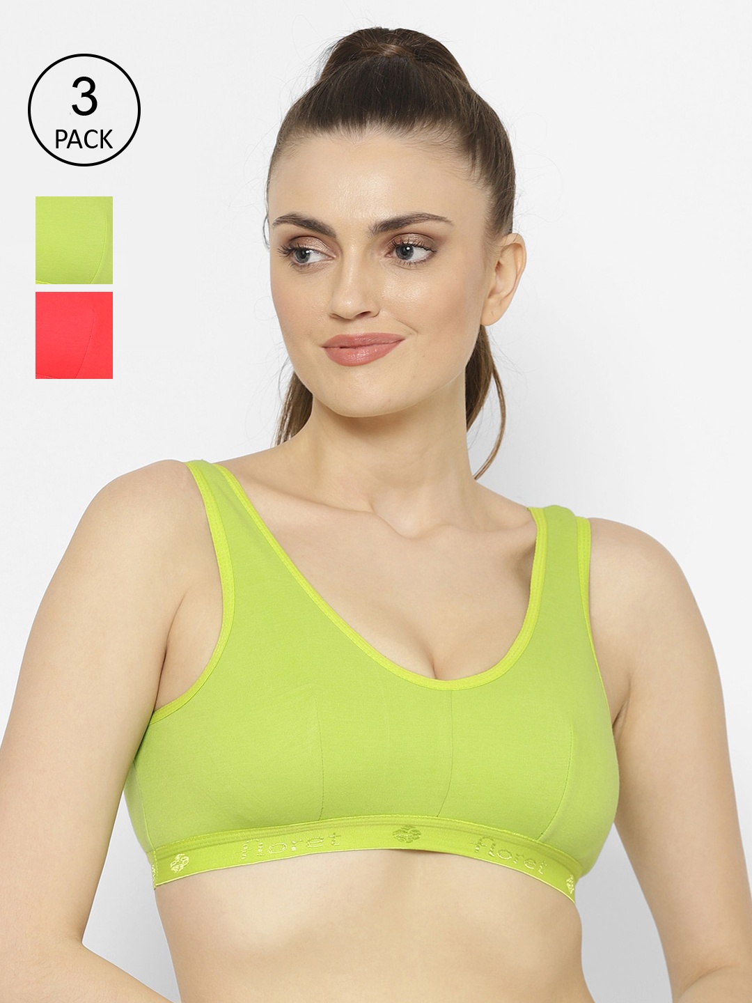 

Floret Pack of 3 Solid Non-Wired Non Padded Workout Bra, Lime green