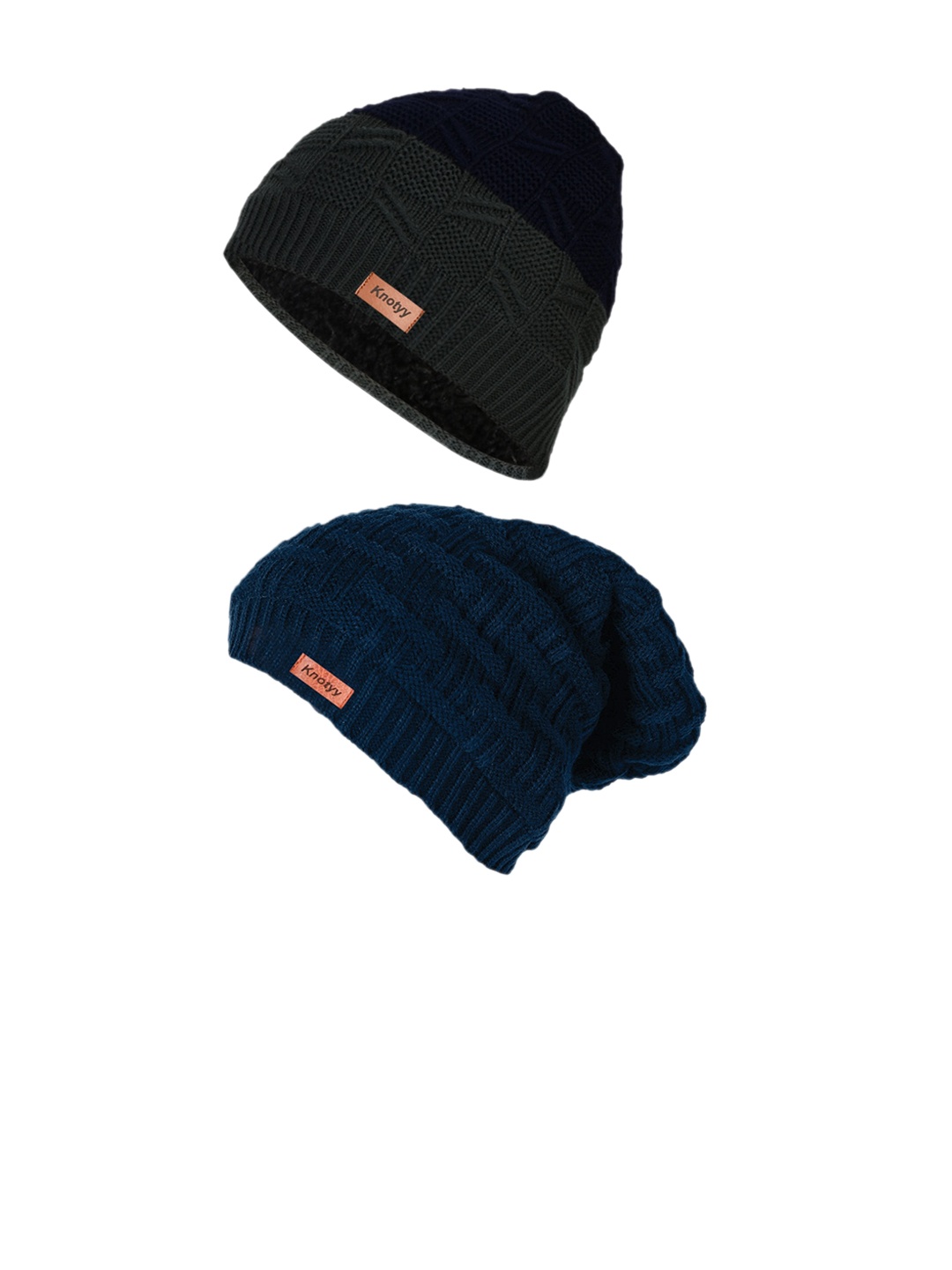 Knotyy Unisex Pack Of 2 Navy Blue & Grey Self Design Beanie