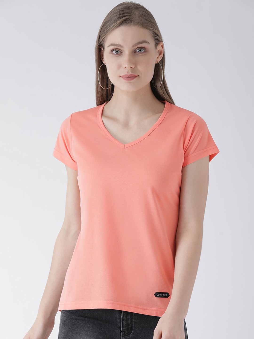 

GRIFFEL Women Peach-Coloured Solid V-Neck T-shirt