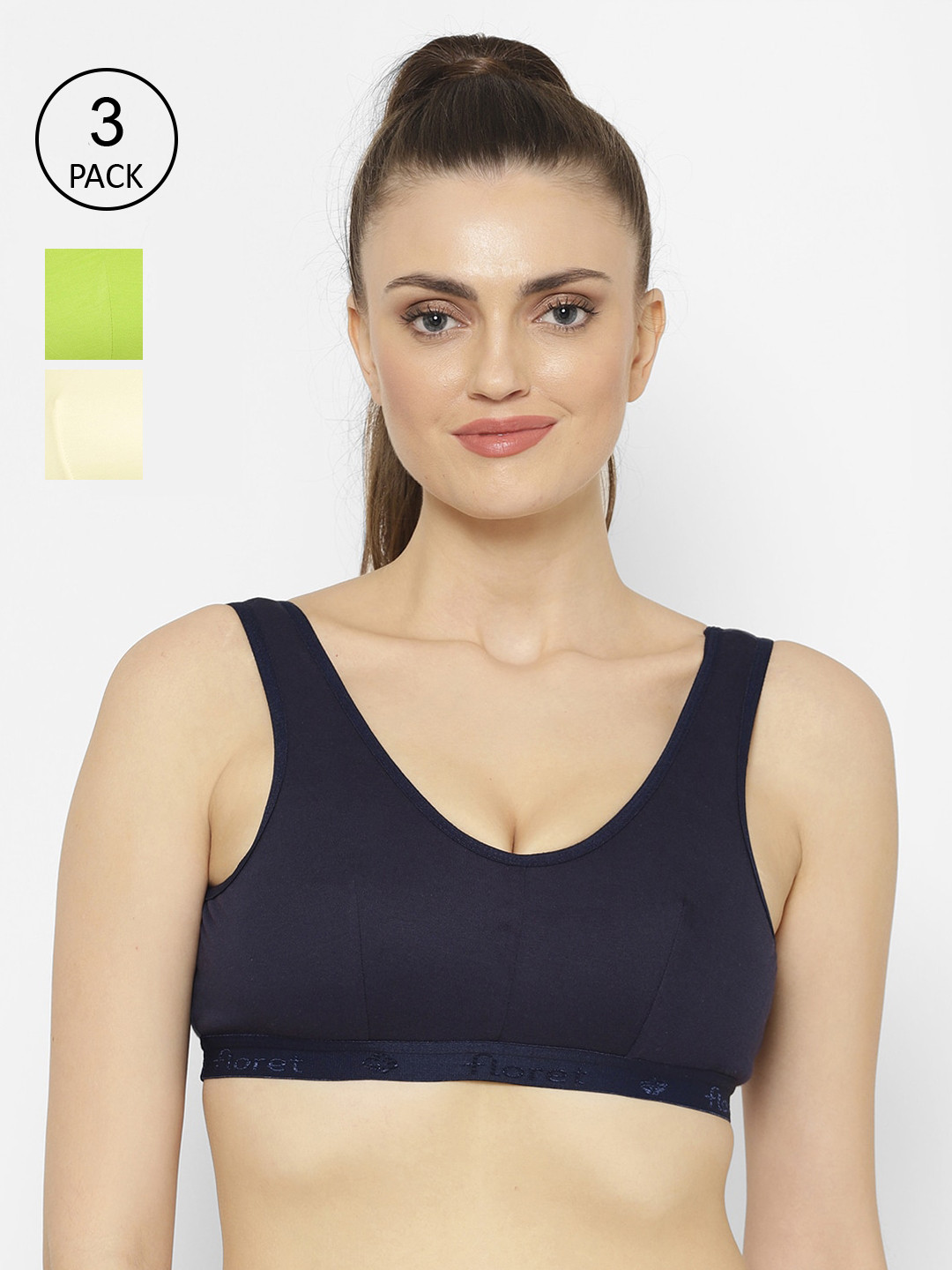 

Floret Pack Of 3 Solid Non-Wired Non Padded Workout Bras Florida, Navy blue