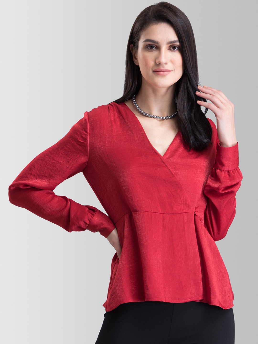 FableStreet Women Red Solid Wrap Top