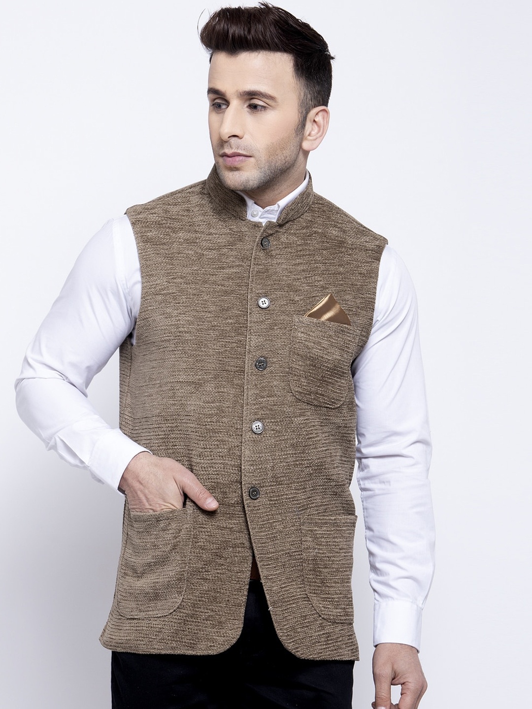 

KLOTTHE Men Brown Woven Design Nehru Jacket