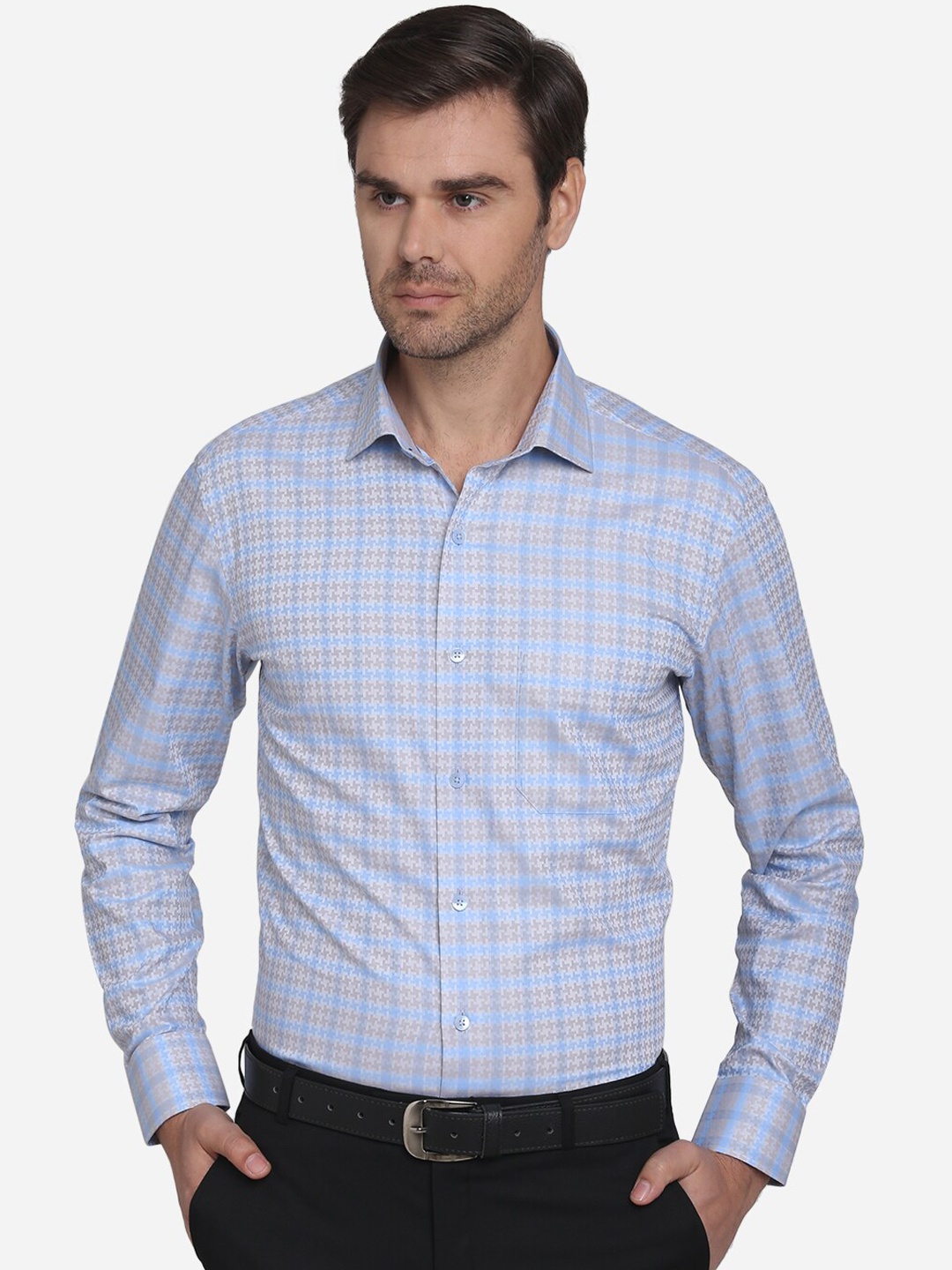 

METAL Men Blue & Beige Slim Fit Printed Cotton Formal Shirt