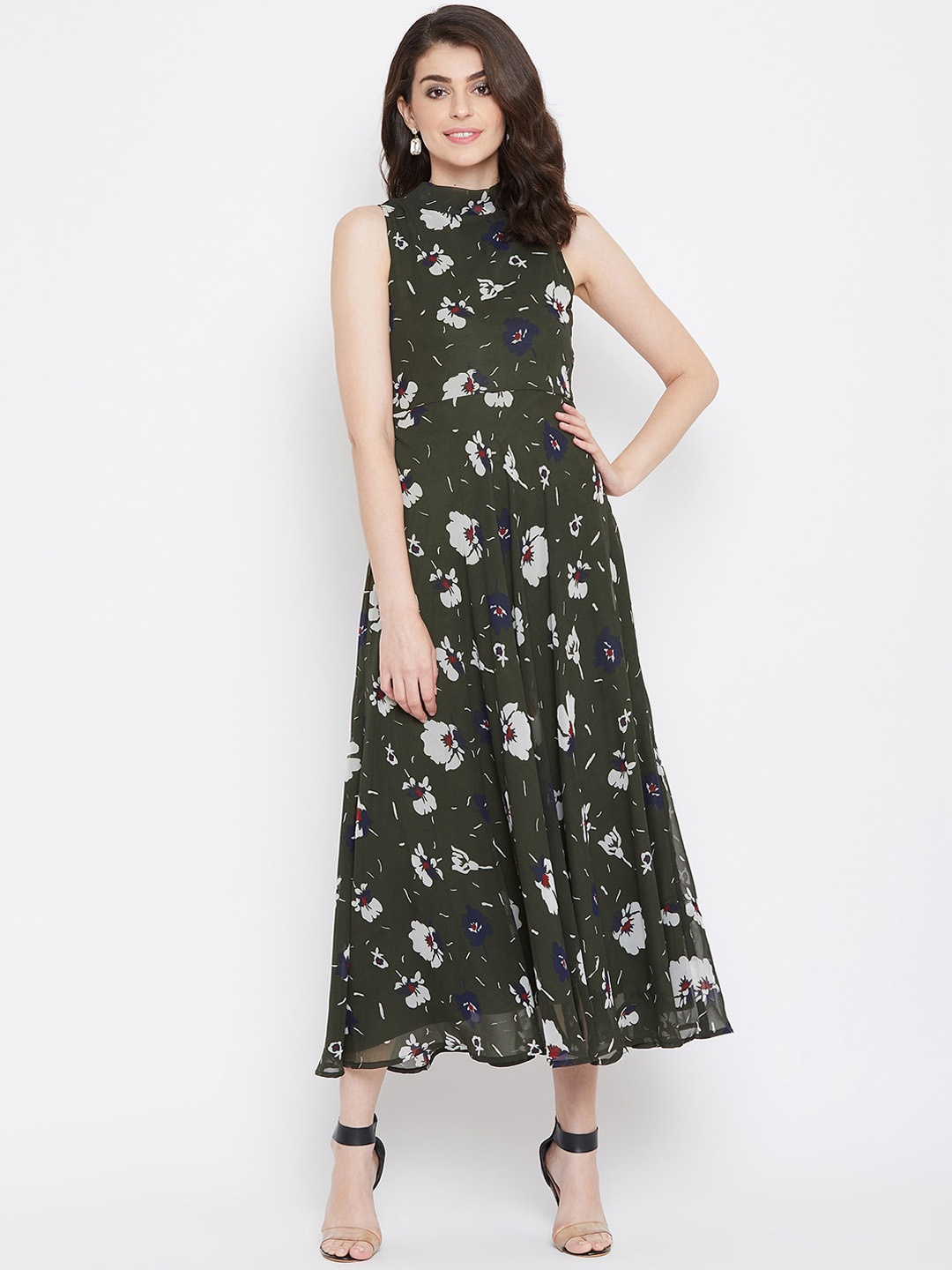 

La Zoire Women Olive Green & Off-White Floral Printed Maxi Dress