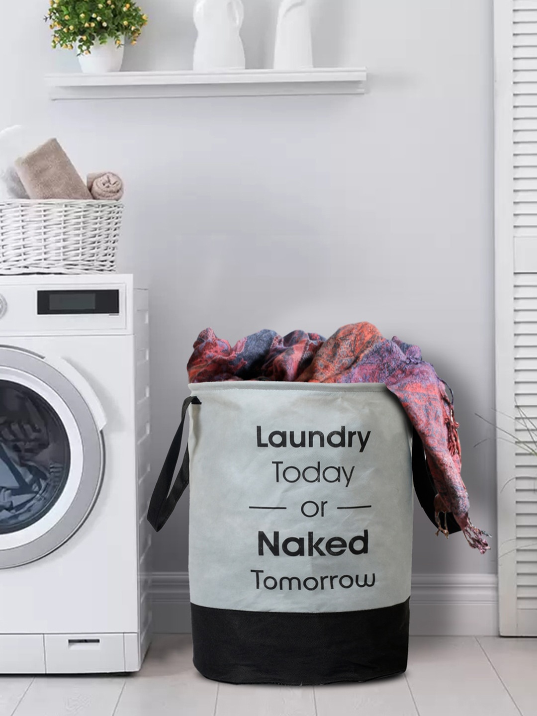 

Kuber Industries Off-White & Black Printed Foldable Round Laundry Basket With Handles