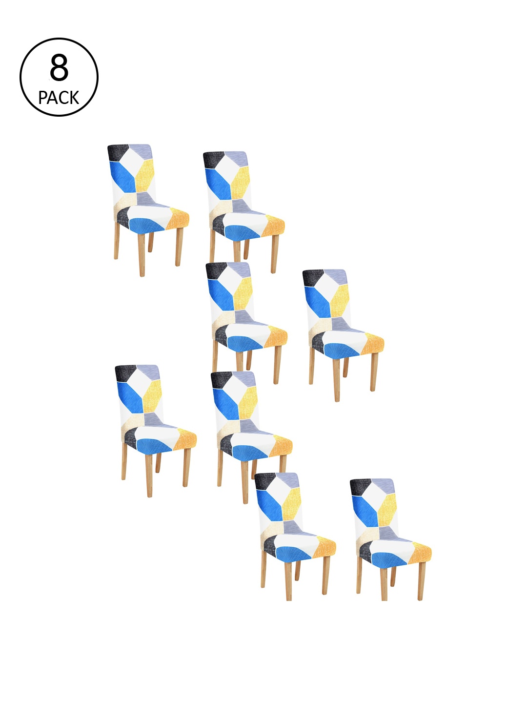 Cortina Set Of 8 Blue & Orange Printed Chair Covers