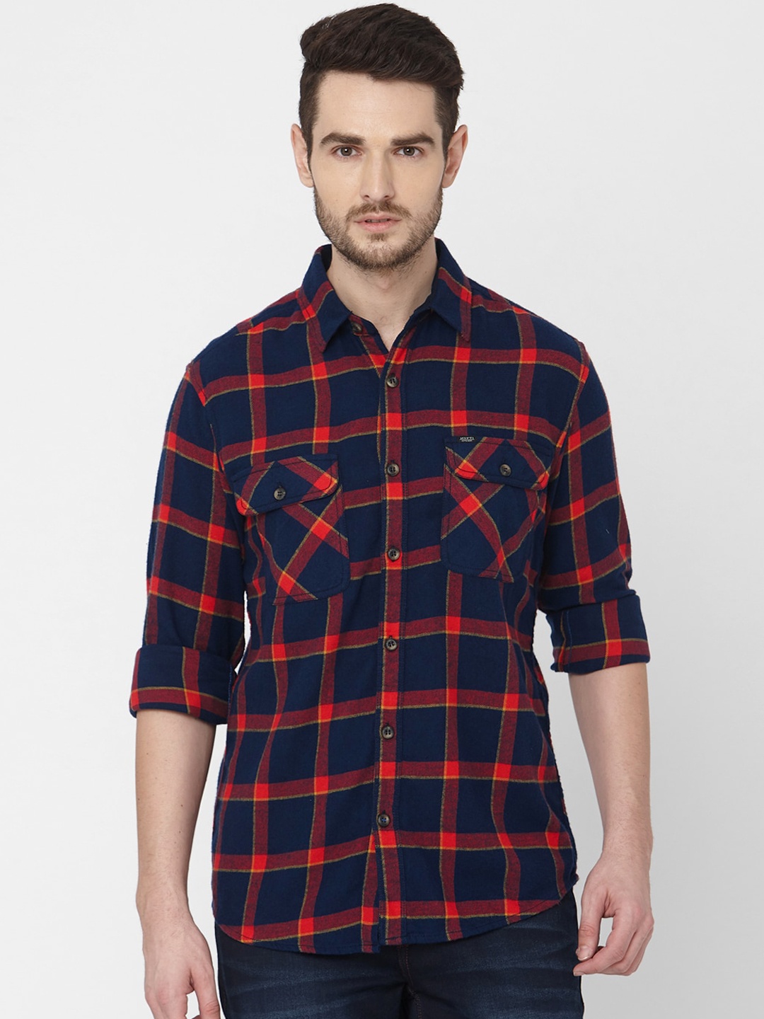 

Mufti Men Navy Blue & Red Slim Fit Checked Casual Shirt