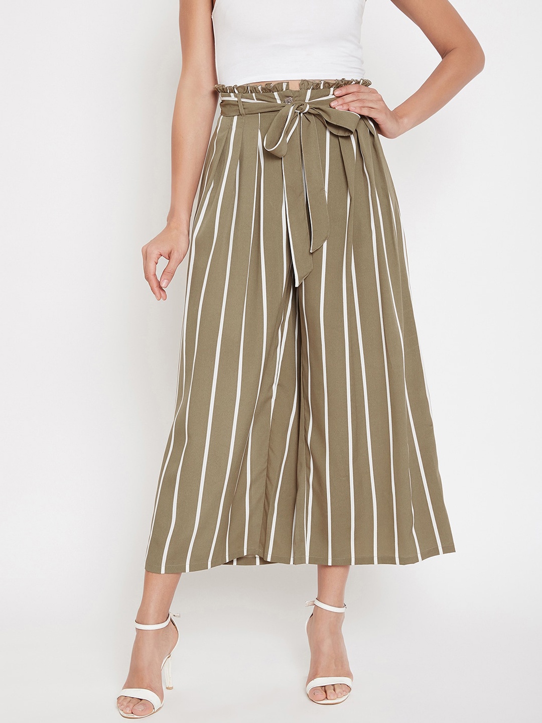 

La Zoire Women Olive Green & White Striped Straight Palazzos