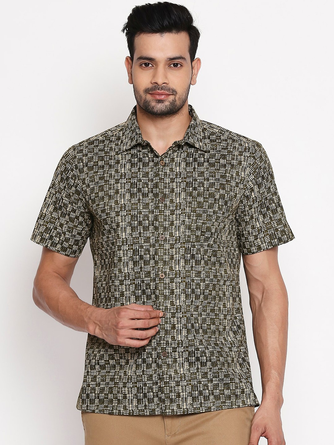 

indus route by Pantaloons Men Olive Green & Beige Regular Fit Printed Cotton Casual Shirt