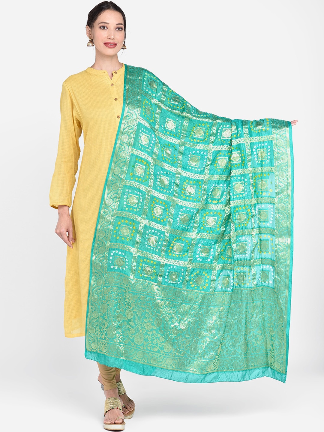 

Dupatta Bazaar Sea Green & Gold-Toned Banarasi Bhandej Gharchola Silk Dupatta