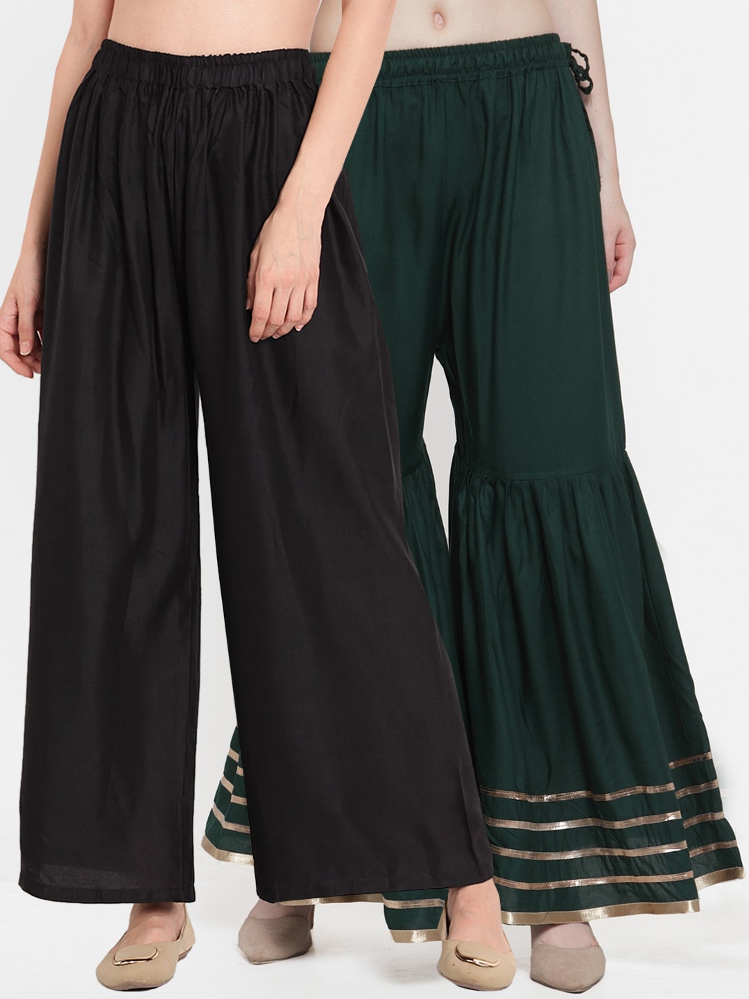 

TAG 7 Women Black & Green Set of 2 Flared Palazzos