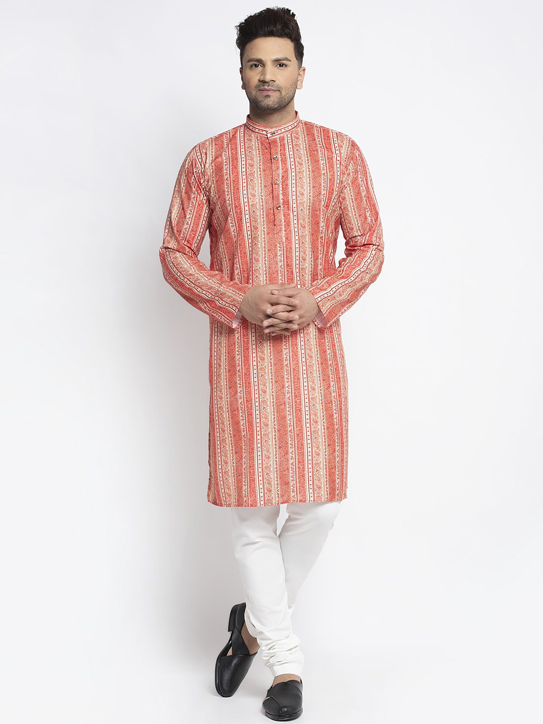 

Benstoke Men Orange & White Striped Kurta with Churidar