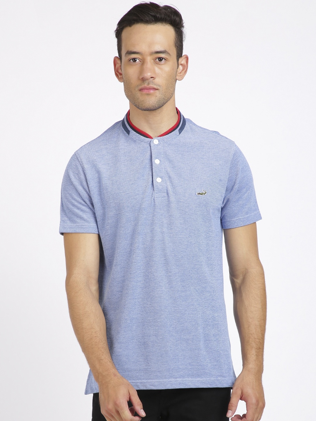 

Crocodile Men Blue Solid Mandarin Collar T-shirt