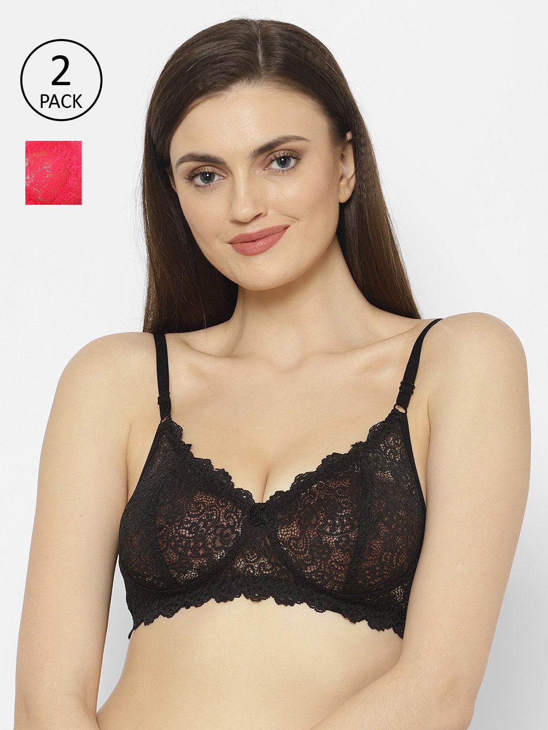 

Floret Black & Coral Lace Non-Wired Non Padded Set of 2 T-shirt Bra