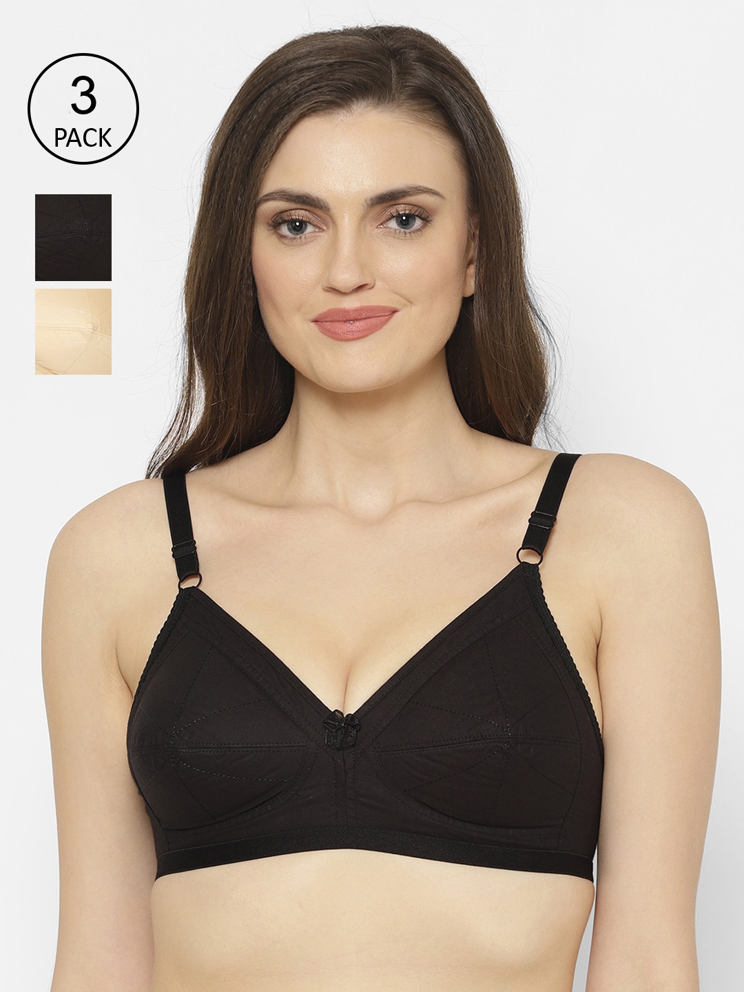 Floret Pack of 3 Solid Non-Wired Non Padded Everyday Bras, Black