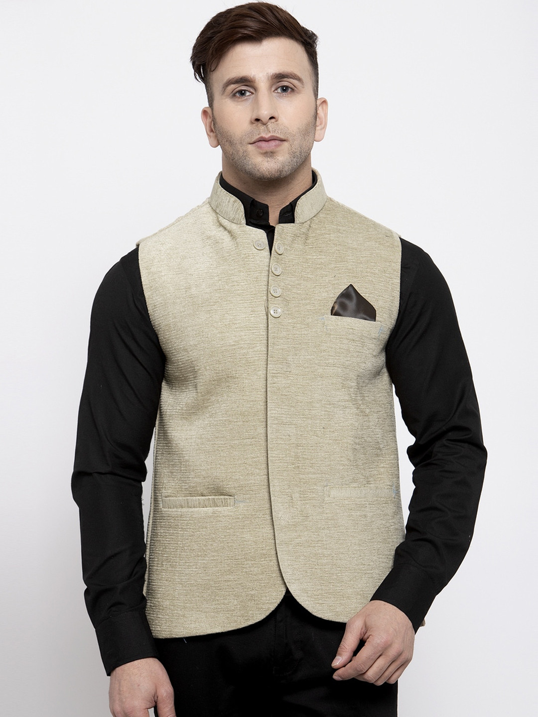 

KLOTTHE Men Beige Woven Design Nehru Jacket