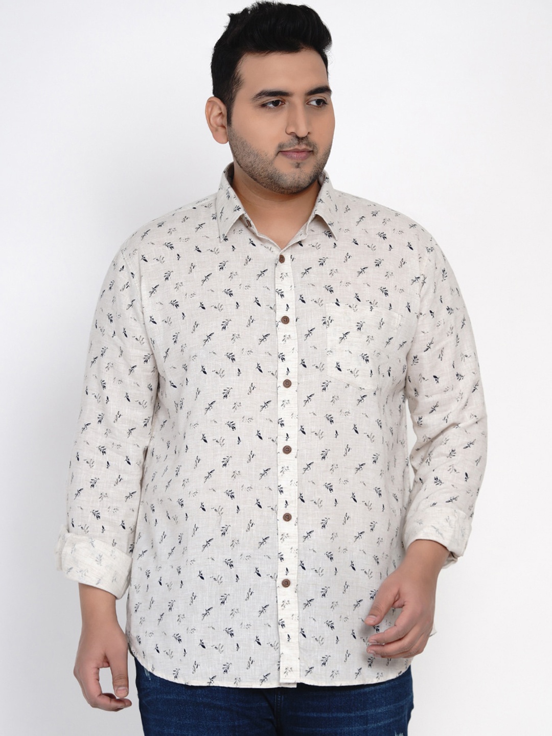 

John Pride Men Beige Regular Fit Printed Plus Size Casual Shirt