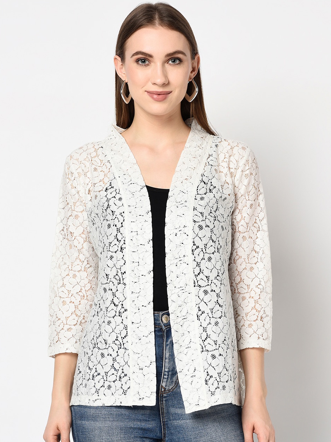 

Espresso Women Off-White Self Design Open Front Shrug