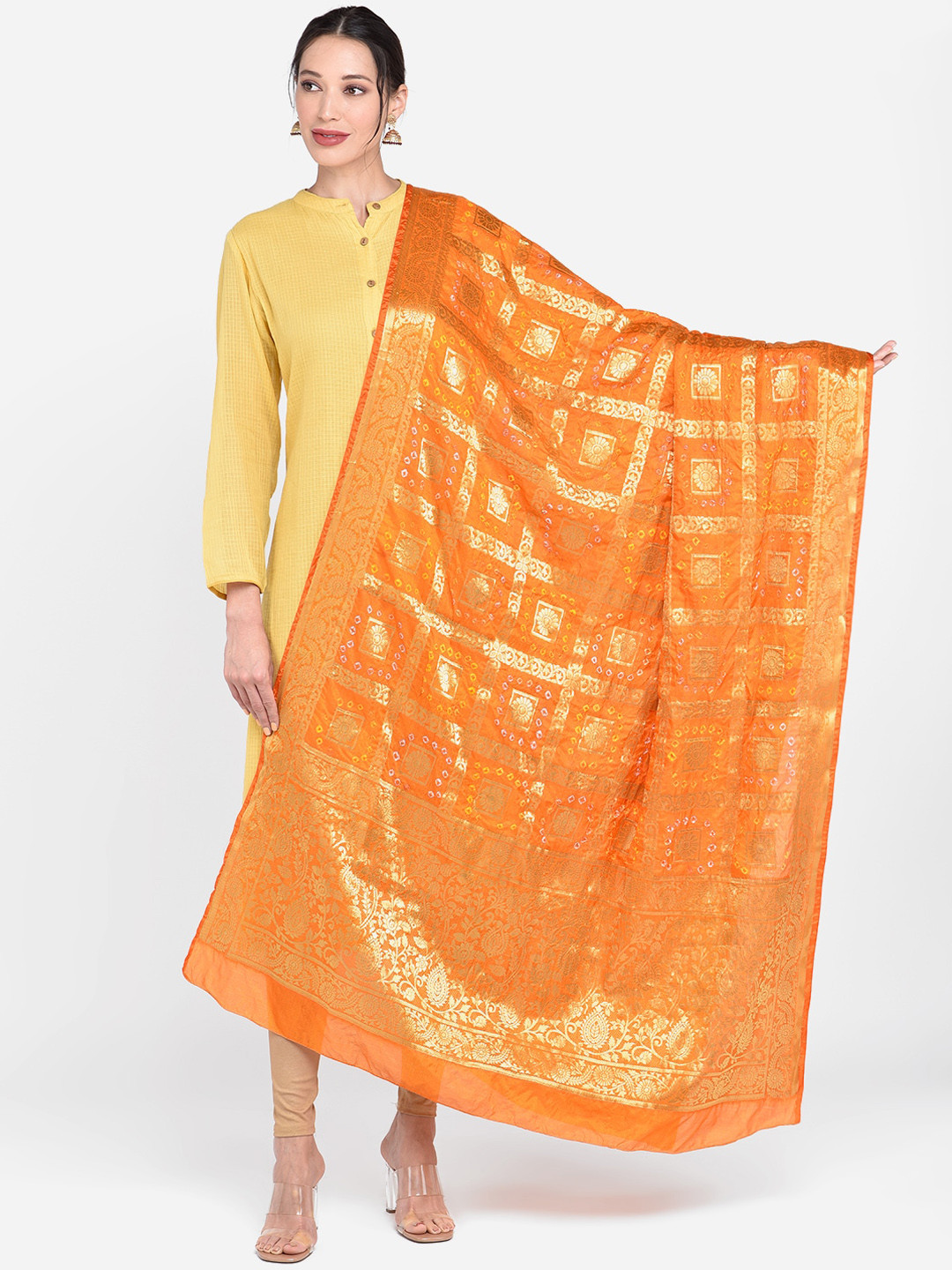 

Dupatta Bazaar Orange & Gold-Toned Banarasi Bhandej Gharchola Silk Dupatta