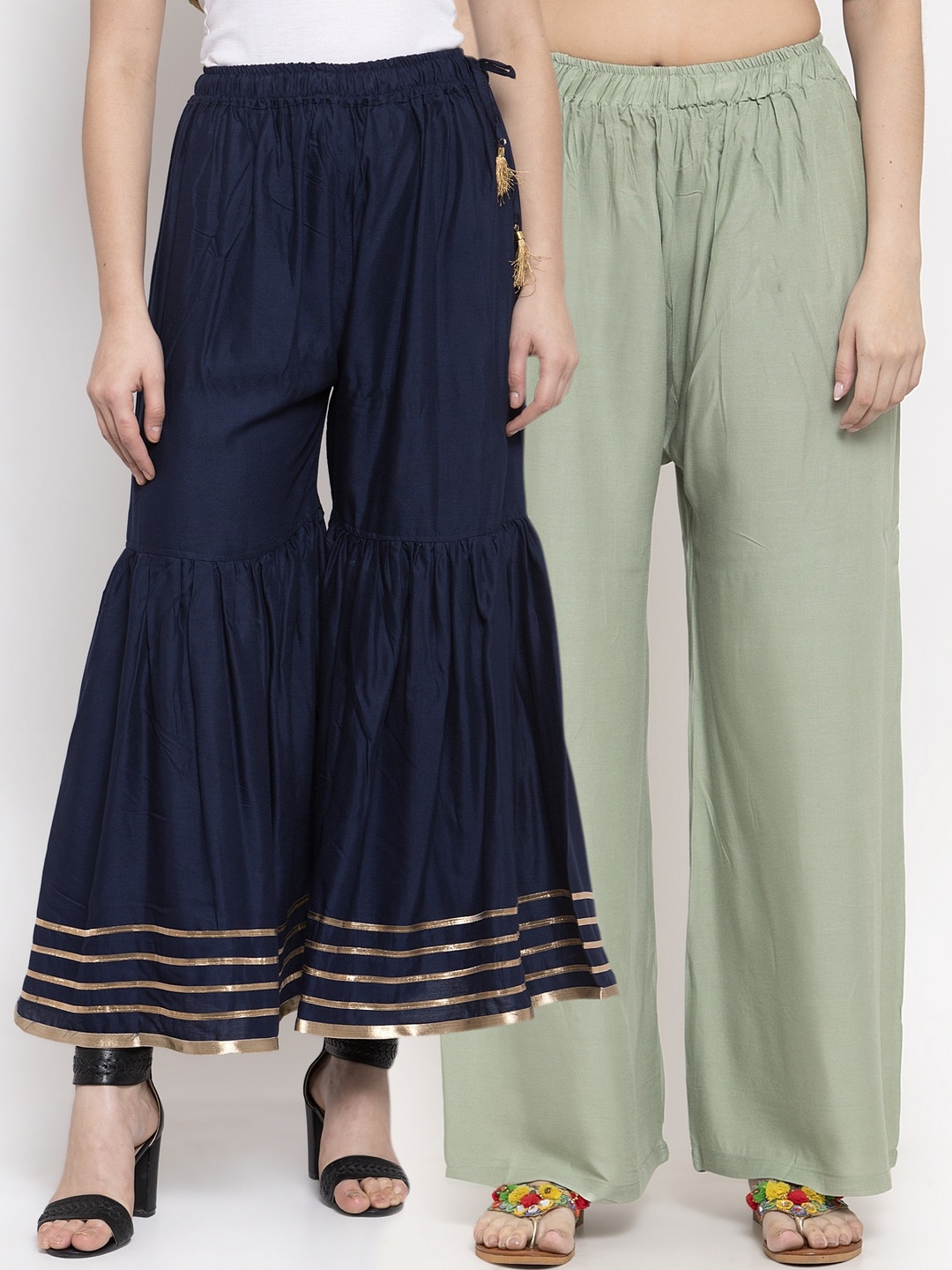 

TAG 7 Women Pack of 2 Black & Olive Solid Flared Palazzos, Navy blue